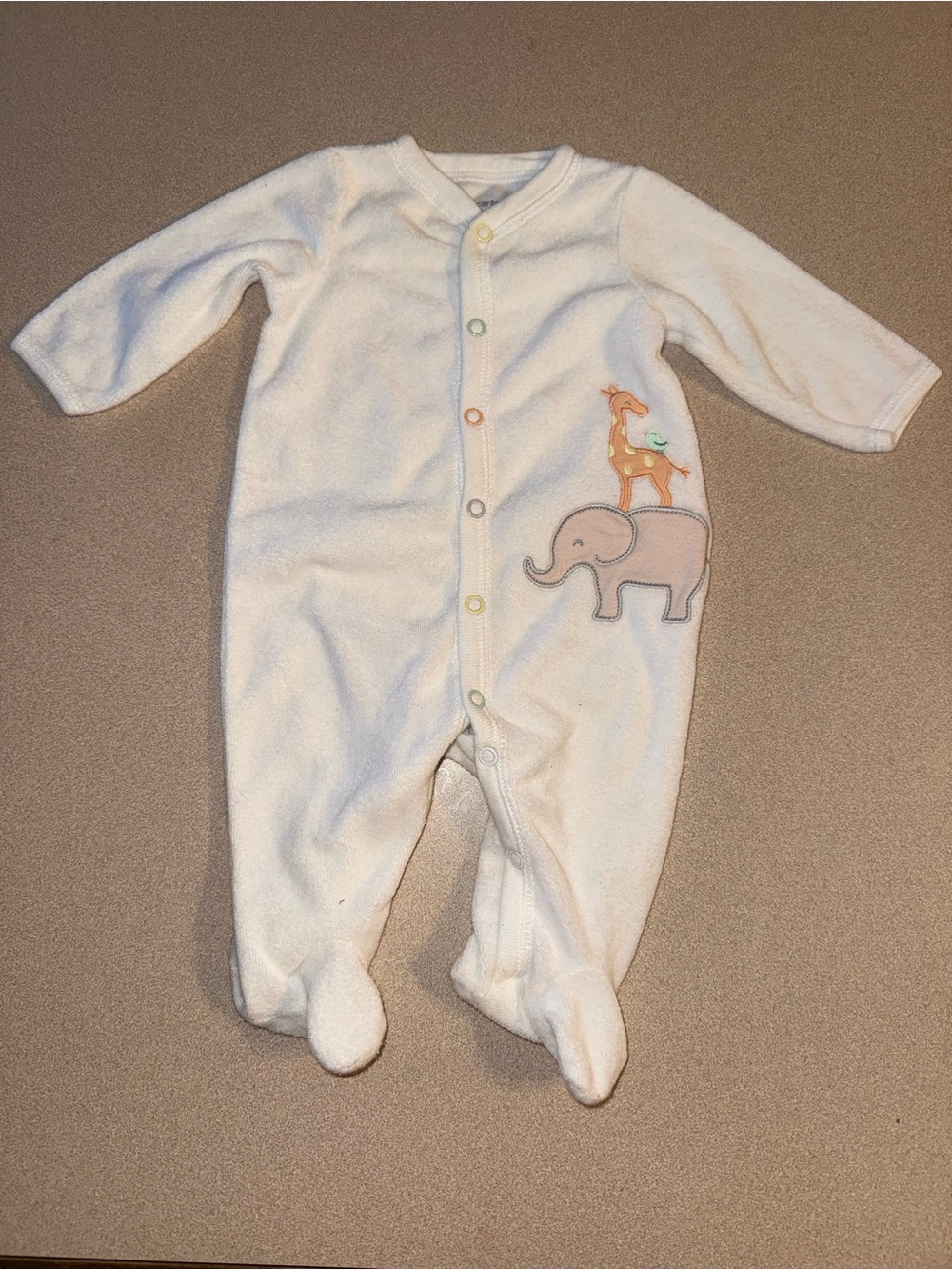 Carter’s unisex baby size 3 months pajama white with elephant, giraffe and bird